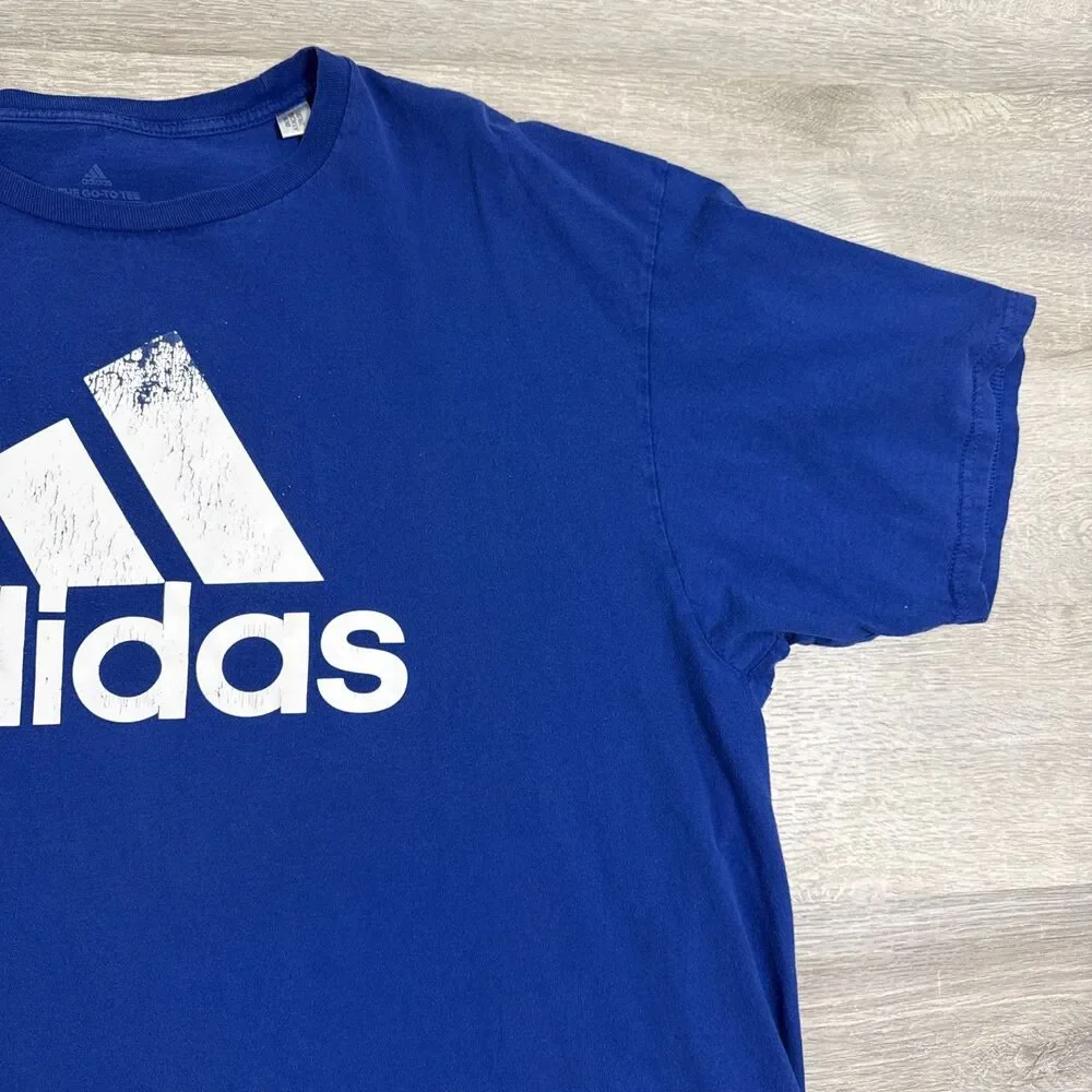 Adidas Shirt Men’s Blue 2XL The Go-To Tee Big Logo Cotton Athletic Crew Neck